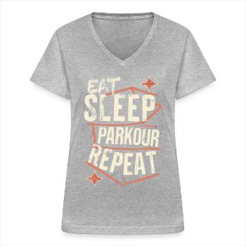 Manger Dormir Parkour Répéter le dicton sportif - T-shirt col V Femme - gris chiné - Devant - Lela (165cm)