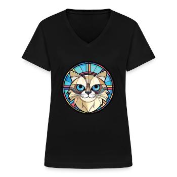 Illustration à l’aquarelle colorée de race de chat de Birmanie - T-shirt col V Femme - noir - Devant - Lela (165cm)