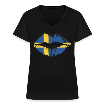 Vintage Sweden Country Flag Lips Swedish Kiss Lip - Frauen-T-Shirt mit V-Ausschnitt - Schwarz - Vorne - Lela (165cm)