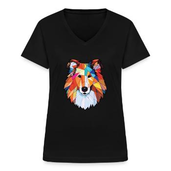 Raue Collie-Hunderasse Aquarell-Illustration - Frauen-T-Shirt mit V-Ausschnitt - Schwarz - Vorne - Lela (165cm)