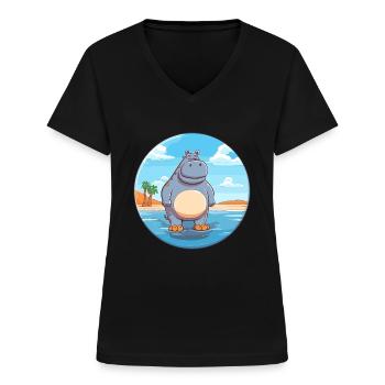 Hippo Watercolor Cartoon Kawaii Clipart Animal - Women's V-neck T-shirt - black - Front - Lela (165cm)