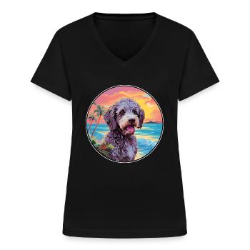 Spanischer Wasserhund Rasse Bunte Karikatur Watercolo - Frauen-T-Shirt mit V-Ausschnitt - Schwarz - Vorne - Lela (165cm)