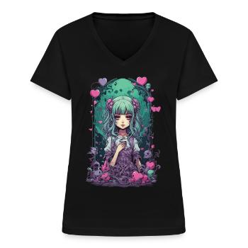 Kawaii Goth e-girl Occulte Pastel Style Anime - T-shirt col V Femme - noir - Devant - Lela (165cm)