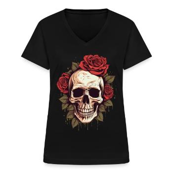 Totenschädel Rosen Ästhetik Grunge Goth Totenkopf - Frauen-T-Shirt mit V-Ausschnitt - Schwarz - Vorne - Lela (165cm)