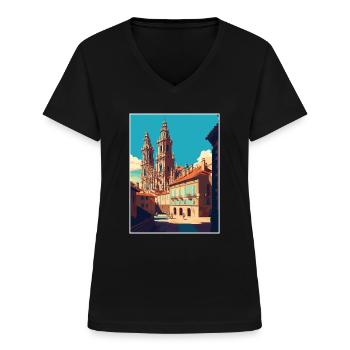 Saint-Jacques-de-Compostelle Espagne Affiche de voyage Vintage - T-shirt col V Femme - noir - Devant - Lela (165cm)