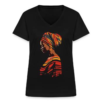 African Woman Africa Headwrap Kente Head Scarf - Women's V-neck T-shirt - black - Front - Lela (165cm)