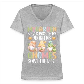 Gartenzwerge Gartenarbeit - Frauen-T-Shirt mit V-Ausschnitt - Grau meliert - Vorne - Lela (165cm)
