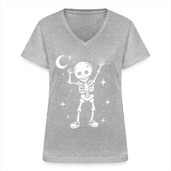 Lustiges Skelett Totenkopf Tanzen Halloween - Frauen-T-Shirt mit V-Ausschnitt - Grau meliert - Vorne - Lela (165cm)