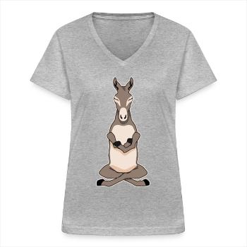 Meditationg Donkey Méditation Ânes - T-shirt col V Femme - gris chiné - Devant - Lela (165cm)