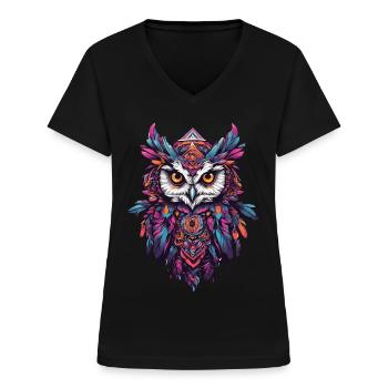 Owl Spiritual Mandala Animal Dream Catcher Design - Women's V-neck T-shirt - black - Front - Lela (165cm)