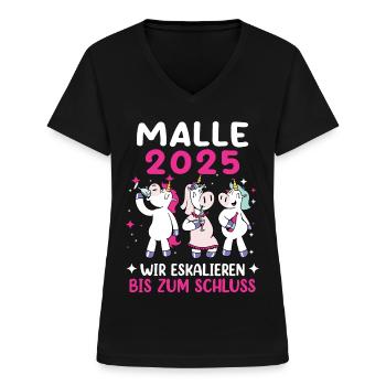 Malle 2025 - Frauen-T-Shirt mit V-Ausschnitt - Schwarz - Vorne - Lela (165cm)