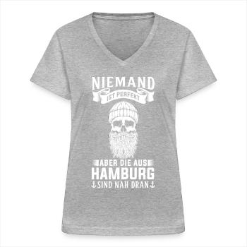 Hamburg Tshirt Geschenk Moin Hamburch Fußball - Frauen-T-Shirt mit V-Ausschnitt - Grau meliert - Vorne - Lela (165cm)