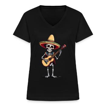 Mexican Mariachi Skeleton Guitarist Fiesta - Women's V-neck T-shirt - black - Front - Lela (165cm)