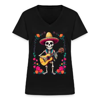 Mexican mariachi skeleton guitarist - Women's V-neck T-shirt - black - Front - Lela (165cm)