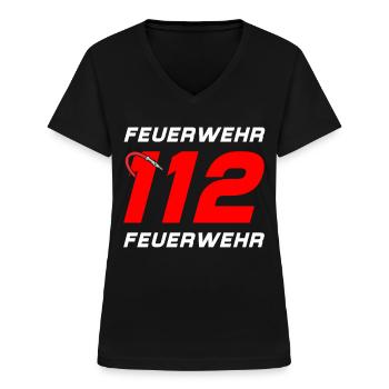 Feuerwehr Tshirt Firefighter Feuerwehrmann 112 - Frauen-T-Shirt mit V-Ausschnitt - Schwarz - Vorne - Lela (165cm)