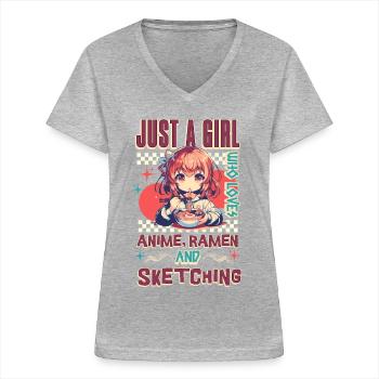 Anime Ramen Sketching - Women's V-neck T-shirt - sports grey - Front - Lela (165cm)