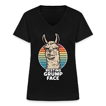 Ruhendes Mürrisches Gesicht Lama Lustiger Regenbogen Retro - Frauen-T-Shirt mit V-Ausschnitt - Schwarz - Vorne - Lela (165cm)
