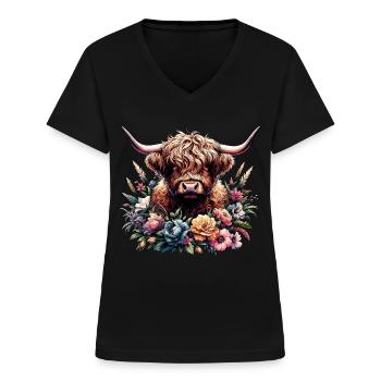 Floral Schottisches Hochlandrind - Frauen-T-Shirt mit V-Ausschnitt - Schwarz - Vorne - Lela (165cm)