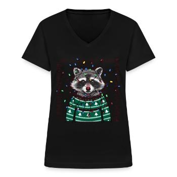 Waschbär Ugly Christmas Weihnachten Xmas Santa - Frauen-T-Shirt mit V-Ausschnitt - Schwarz - Vorne - Lela (165cm)