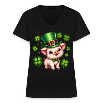 Glücksschwein Silvester Neujahr Kleeblatt - Frauen-T-Shirt mit V-Ausschnitt - Schwarz - Vorne - Lela (165cm)