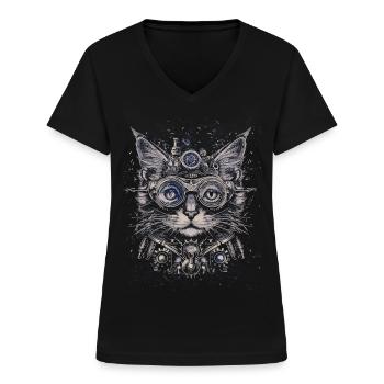 Steam Punk Art Funky Steampunk - T-shirt col V Femme - noir - Devant - Lela (165cm)