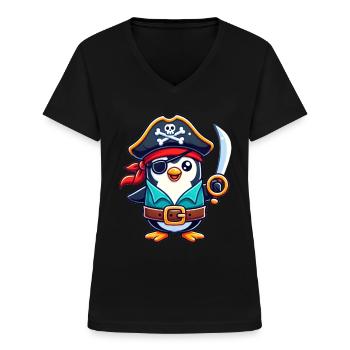 Pingouin Halloween Pirate Enfants Femmes Hommes - T-shirt col V Femme - noir - Devant - Lela (165cm)