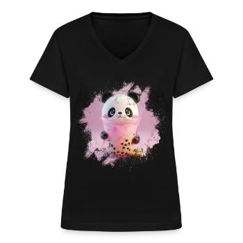 Thé à bulles Boba BubbleTea Kawaii Japan Tea Kpop - T-shirt col V Femme - noir - Devant - Lela (165cm)