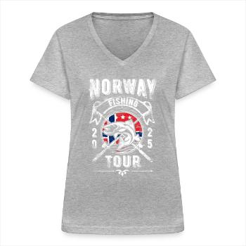 Voyage de pêche en Norvège 2025 - T-shirt col V Femme - gris chiné - Devant - Lela (165cm)