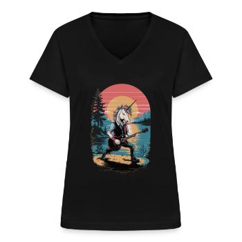 Rock-Einhorn mit Gitarre - Frauen-T-Shirt mit V-Ausschnitt - Schwarz - Vorne - Lela (165cm)