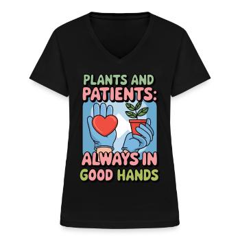 Pflanzen und Patienten immer in guten Händen Krankenschwester - Frauen-T-Shirt mit V-Ausschnitt - Schwarz - Vorne - Lela (165cm)