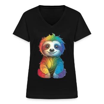 Colorful Rainbow Sloth - Gift Late Riser - Women's V-neck T-shirt - black - Front - Lela (165cm)
