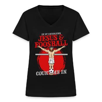 Baby-foot, baby-foot, Jésus et baby-foot - T-shirt col V Femme - noir - Devant - Lela (165cm)