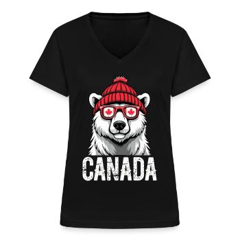 Kanada Bär mit Mütze und Ahornstyle - Frauen-T-Shirt mit V-Ausschnitt - Schwarz - Vorne - Lela (165cm)