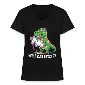 Wie? Das Letzte? T-rex mit Einhorndesing - Frauen-T-Shirt mit V-Ausschnitt - Schwarz - Vorne - Lela (165cm)