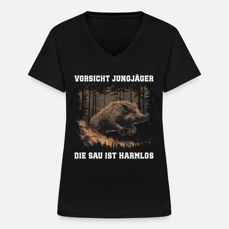 Vorsicht Jungjäger - Frauen-T-Shirt mit V-Ausschnitt - Schwarz