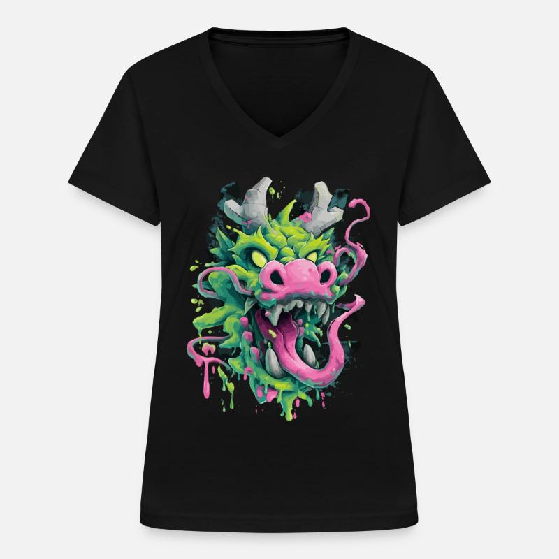 Psychedelic Dragon Head Japan Street Art Style - Women's V-neck T-shirt - black