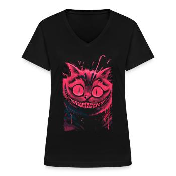 Cheshire Cat Neon – dark crazy cat art - Women's V-neck T-shirt - black - Front - Lela (165cm)