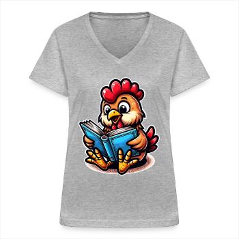 Huhn Lesen Bücher Buch Hühner - Frauen-T-Shirt mit V-Ausschnitt - Grau meliert - Vorne - Lela (165cm)