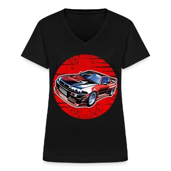 Jdm / Tuning / Turbocompresseur / Jantes / Chiptuning - T-shirt col V Femme - noir - Devant - Lela (165cm)