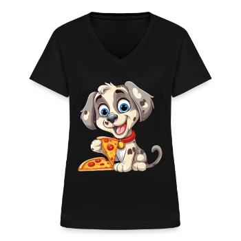 Pizza Dog Pizza Lover Dog Lover Cartoon - T-shirt col V Femme - noir - Devant - Lela (165cm)