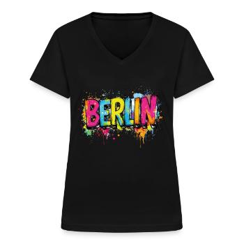Berlin Graffiti Police Street Art Style Urbain - T-shirt col V Femme - noir - Devant - Lela (165cm)