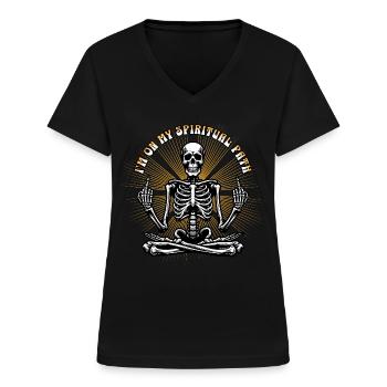 Spiritual Skull / Middle Finger Yoga Skeleton FS0233 - Women's V-neck T-shirt - black - Front - Lela (165cm)