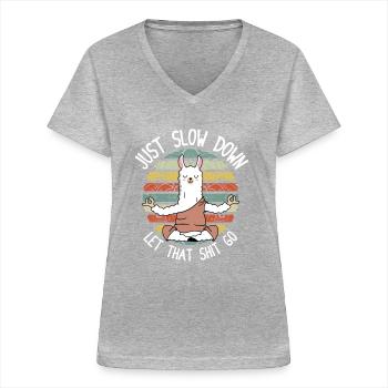 Yoga shirt Just Slow Down Lama Alpaka - Women's V-neck T-shirt - sports grey - Front - Lela (165cm)