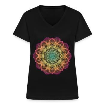 Idée cadeau Yoga Goa Mandala Fleur de Vie - T-shirt col V Femme - noir - Devant - Lela (165cm)