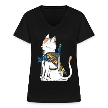 Chat samouraï avec katana sabre dans le style japon - T-shirt col V Femme - noir - Devant - Lela (165cm)