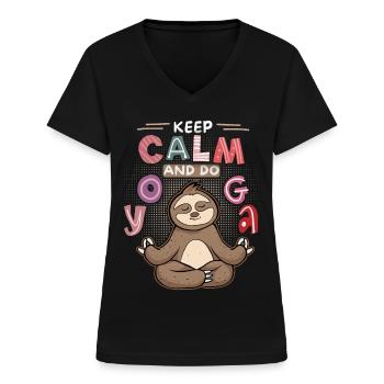 Yoga, Yoga Paresseux, Yoga-Paresseux, Garde-calme, Dire - T-shirt col V Femme - noir - Devant - Lela (165cm)