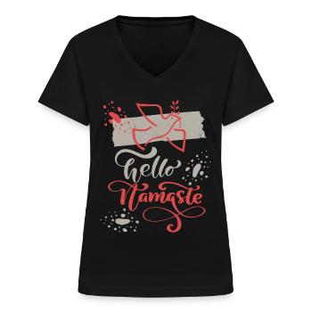Yoga, Yoga-Motiv, Namaste-Spruch mit Friedenstaube - Frauen-T-Shirt mit V-Ausschnitt - Schwarz - Vorne - Lela (165cm)