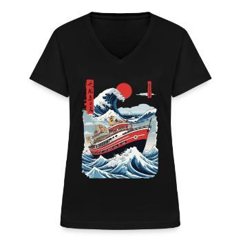 Ukiyo-E Fischerboot Meer Welle Japan Streetwear - Frauen-T-Shirt mit V-Ausschnitt - Schwarz - Vorne - Lela (165cm)