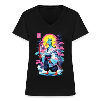 Samouraï Canard Esthétique Vaporwave Style Japon Art - T-shirt col V Femme - noir - Devant - Lela (165cm)