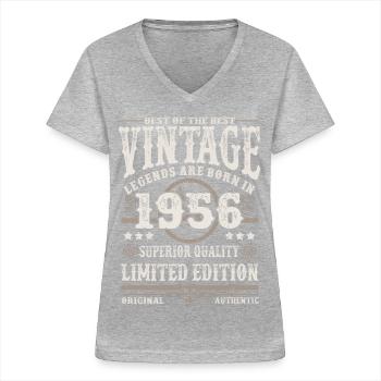 Les légendes sont nées en 1956 - T-shirt col V Femme - gris chiné - Devant - Lela (165cm)